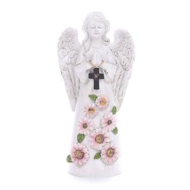 Imagem de Estátua de anjo orando em resina de 13 cm com colar de cruz e flor