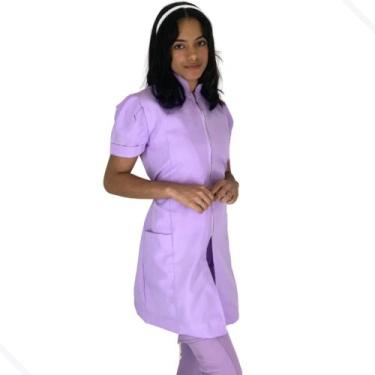 Imagem de Jaleco Feminino Manga Curta Oxford Acinturado Gola Padre Com Zíper Dou