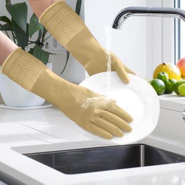 Imagem de Luvas de borracha para limpeza com punhos longos, à prova d'água, para lavar louça, luvas domésticas com aderência para cozinha e banheiro (marrom, P)