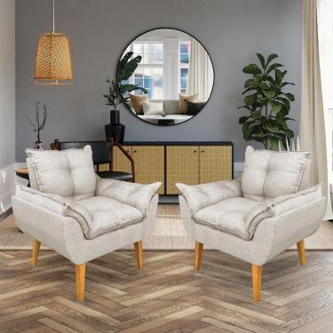 Imagem de Kit 2 Poltronas Opala Decorativa Luxo Linho Bege Sky Mobile