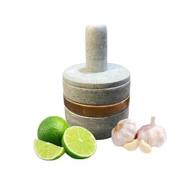 Imagem de Pilão De Pedra Sabão Redondo com socador e tampa acabamento cobre - So