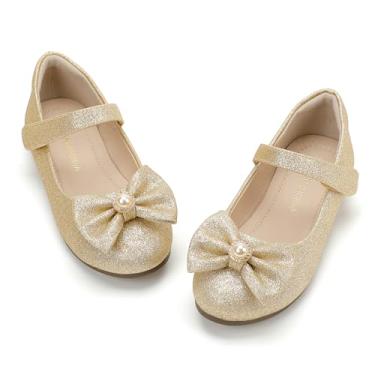 Imagem de PANDANINJIA Sapato social feminino Rika Mary Jane Flats festa de casamento sapatos escolares para crianças pequenas e grandes, Glitter dourado, 19