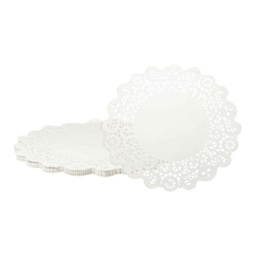 Imagem de HARFINGTON 100 peças de papel Doilies redondos de papel de renda de 35 cm para bolos sobremesa artesanato festa casamento aniversário decoração de mesa, branco