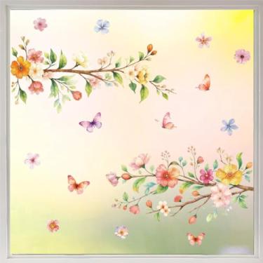 Imagem de Peacoblue Adesivo adesivo adesivo de janela estática dupla face para janelas de carro de vidro grandes, 1 folha de ramos de flores e borboletas 120 cm x 30 cm à prova d'água removível para decoração