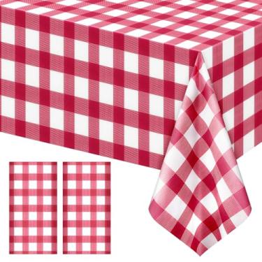 Imagem de Pacote com 2 toalhas de mesa listradas vermelhas, capas de mesa retangulares de plástico descartáveis, 137 x 272 cm, toalhas de mesa xadrez vermelhas e brancas à prova d'água para piquenique