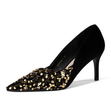 Imagem de Sapatos de salto alto GOSERCE Gold Sequin para mulheres em camurça pre