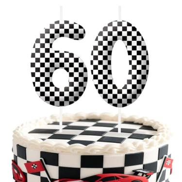 Imagem de Velas de aniversário número 60 de carros de corrida, preto e branco, topo de bolo com tema de bandeira quadriculada para meninos e meninas, decorações de bolo para aniversários, suprimentos de festa
