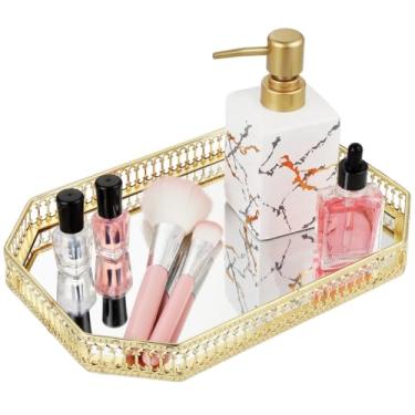 Imagem de Chewtoyo Bandeja de ferro para decoração de casa, escritório, banheiro, sala de estar, bandeja de penteadeira para banheiro, bandeja de perfume para cômoda, bandeja espelhada dourada