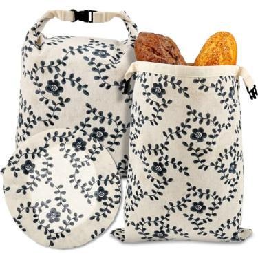 Imagem de 2 sacos de pão de linho, forro de 33 x 43 cm, feito de cera de abelha, mantém o pão caseiro fresco, a superfície apresenta um design floral, adequado para fermento, armazenamento de nozes, lanches