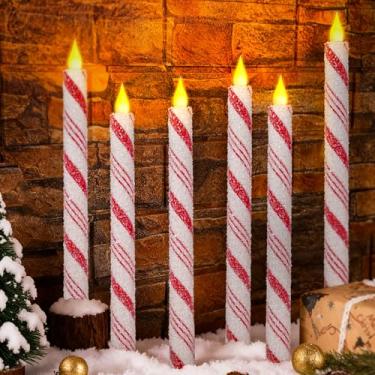 Imagem de Velas de Natal cintilantes sem chamas – 6 peças de 24 cm operadas por bateria bengala doce listras vermelhas e brancas verdadeiras velas de LED para centro de mesa de Natal, festas de fim de ano