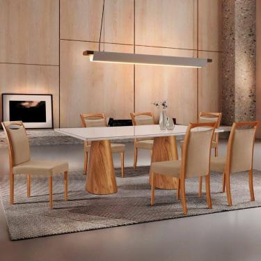 Imagem de Mesa Noronha 180cm Tampo Com Vidro Laqueado Com 6 Cadeiras Linho Palha Imbuia Natural Off White