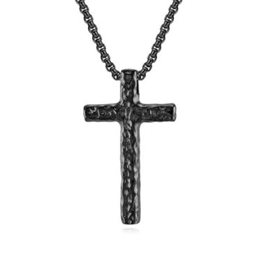 Imagem de REchoLI Colar de cruz para homens, aço inoxidável texturizado prata/pingente de cruz preta corrente religiosa joia cristã 60 cm/23,6 polegadas, 23.6 Inches, Aço inoxidável, Sem Pedra Preciosa