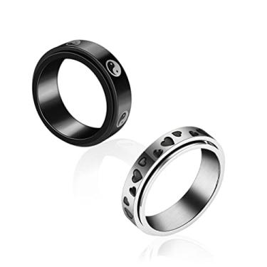 Imagem de COLORFUL BLING Conjunto de alianças giratórias de aço inoxidável com coração de amor Taiji Yin Yang 6/8 mm de largura para alívio de estresse para mulheres e homens, joias de compromisso de casamento,