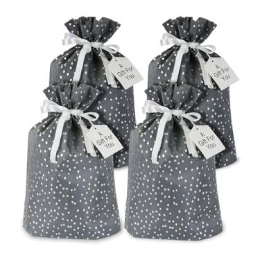Imagem de Sacos de presente de tecido deslumbrantes - luxo cinza e prata brilhante - com cordão de fita branca e etiquetas de presente (conjunto de 4) 33 x 45 cm