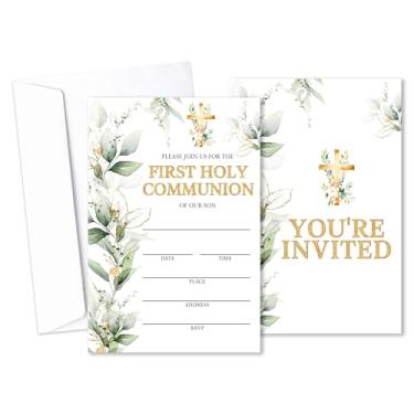 Imagem de Greenery First Holy Communion Invitation Boy, 25 Convites de batismo com envelopes para meninos, convites de primeira comunhão para batismo -10
