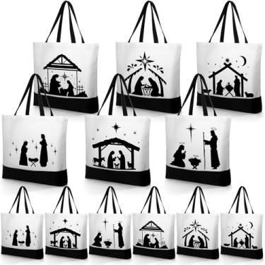 Imagem de SilTriangle Pacote com 12 sacolas de lona de Natal grandes reutilizáveis para presente de Natal com alça para festa de compras de supermercado (47 cm x 29 cm, estilo presépio de Natal)