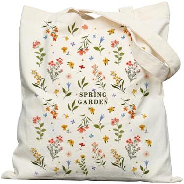 Imagem de bafayago Sacola floral de lona com flores, bolsa de lona floral primavera gardern, alça larga dupla face com fecho de pressão e bolso interno para trabalho, compras, viagens e viagens
