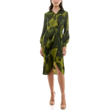 Imagem de Nicole Miller Vestido feminino de manga comprida com gola sobrepeliz de cetim, Verde estampado, 50