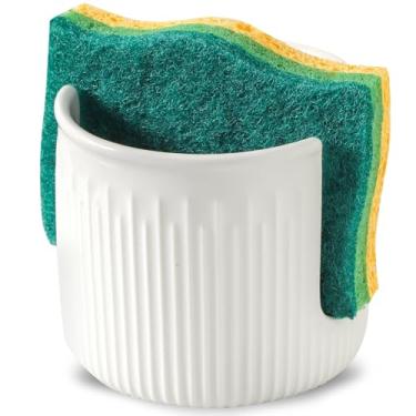Imagem de Suporte de esponja de cerâmica para pia de cozinha, suporte de escova de prato de esponja de bancada, organizador de pia, branco