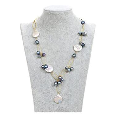 Imagem de URMIBDAI Joias 53 cm moeda branca Keshi pérola preta arroz pérola colar pingente para mulheres colar com pingente