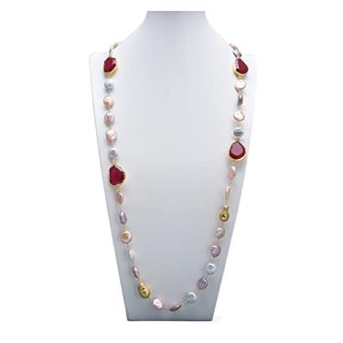 Imagem de URMIBDAI Joia, branco, rosa, roxo, moeda Keshi, pérola, vermelha, ágata, suéter, colar longo, feito à mão, para mulheres, colar com pingente