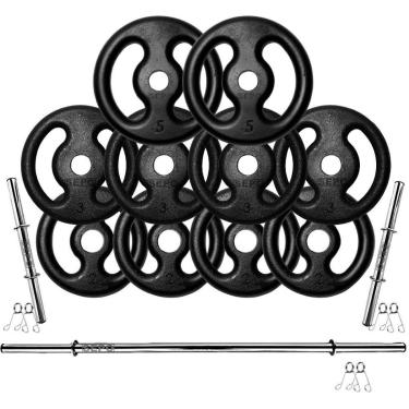 Imagem de Kit Anilhas Ferro Fundido 30 Kg + Barras Com Presilhas-Masculino