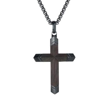 Imagem de SGKEKE Colar de cruz de madeira feito à mão para homens, colares com pingente de cruz de aço inoxidável preto, pingente de crucifixo de madeira para batismo cristão para homens
