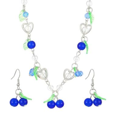 Imagem de Yepelesi Conjunto de brincos de colar de frutas fofas para mulheres 3D conjunto de brincos de colar de mirtilo prata coração azul cereja joia de dia dos namorados engraçado verão praia férias joias