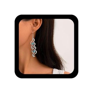 Imagem de Xduargs Brincos longos de turquesa boho vintage turquesa brincos longos pendentes azul pedra preciosa natural brinco de gota turquesa brinco de redemoinho para mulheres