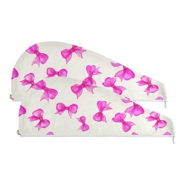 Imagem de SEHANY Linda toalha de cabelo de microfibra com laço rosa para mulheres, 2 peças, turbantes de cabelo de secagem rápida com botão, touca de cabelo seco absorvente toalha de secagem de cabelo para