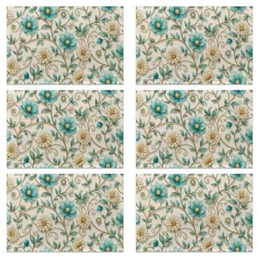 Imagem de Conjunto de 6 jogos americanos abstratos de flores douradas, linho lavável para o Natal, Ação de Graças, festa e jantar diário, tapetes de mesa decorativos para mesa de 4 a 6 pessoas
