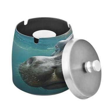 Imagem de Blueangle Cinzeiro de hipopótamo com tampa para cigarros, à prova de vento/chuva, aço inoxidável, sem fumaça, inodoro, cinzeiro para uso interno ou externo (486)