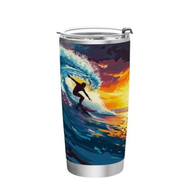 Imagem de Blueangle Copo de 590 ml com tampa e canudo, copo de café com água isolada a vácuo de aço inoxidável, caneca de viagem de surfista, copo térmico para bebidas quentes e frias (722)