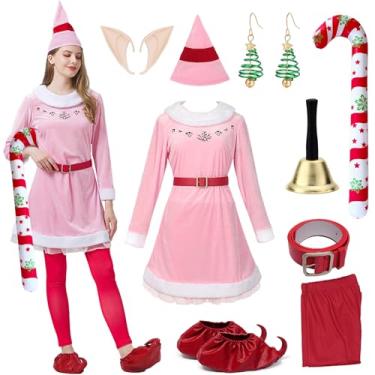 Imagem de YYKULKEY Conjunto de 8 peças de vestido de fantasia de elfo de Natal para ajudante do Papai Noel, fantasia de Natal, bengala doce, orelhas de elfo, chapéu, meias de cinto, sino operado à mão (M)