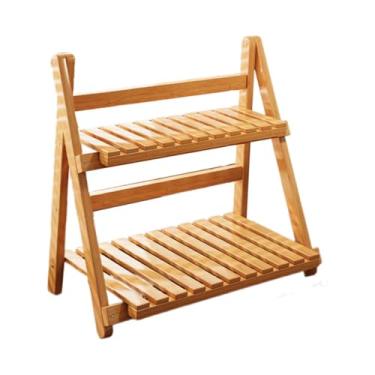 Imagem de WeiLaiKeQi Suporte para plantas de bambu, organizador de mesa, escada prática, 2 níveis, suporte para vasos, prateleira para plantas para cozinha, pátio, casa, Castanho Claro 30cm