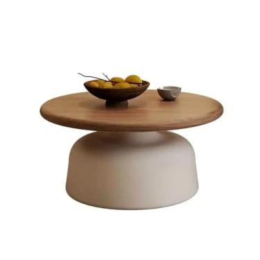 Imagem de Mesa de centro redonda, conjunto de 2 mesas de nidificação com acabamento de madeira em estilo creme, mesa de cabeceira lateral de sofá para quarto, base de aço carbono, madeira, G