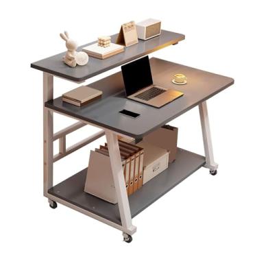 Imagem de Mesa de suporte para sentar, mesa de computador com rodas de freio, rack de armazenamento de 3 camadas, mesa de mesa dupla, design de arco, pequena mesa rolante, estação de trabalho para computador