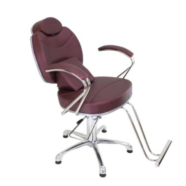 Imagem de Cadeira de Barbeiro Reclinável Profissional Giratória com Base Hidráulica – Salão e Barbearia (VINHO ACETINADO)