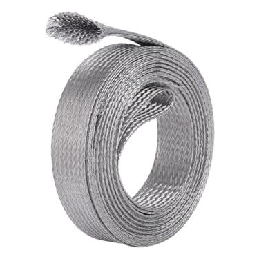 Imagem de UNICRAFTALE Cabo trançado de aço inoxidável trançado de 4 m 1,8 cm de largura com mangas trançadas, mangas trançadas, mangas de proteção, tiras de aterramento, malha de metal plano, fio de fita