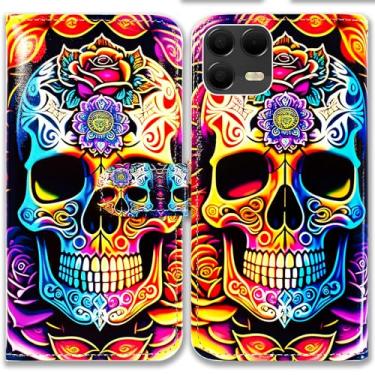 Imagem de Bcov Capa para T-Mobile Revvl 8 Pro, capa carteira de couro com flores de caveira mandala colorida com suporte para cartão e suporte para T-Mobile Revvl 8 Pro