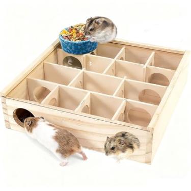 Imagem de kathson Labirinto de túnel de hamster de madeira com capa, esconderijo de hamster multicâmaras, brinquedo de exploração de túnel de casa de ratos para hamsters anões, gerbos e pequenos animais