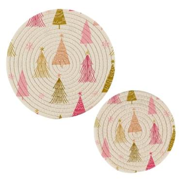 Imagem de Wassud Conjunto de trivet de árvores em aquarela pastel para pratos quentes, suportes redondos de algodão, almofadas quentes, porta-copos elegantes, decoração de cozinha e acessórios, 2 peças