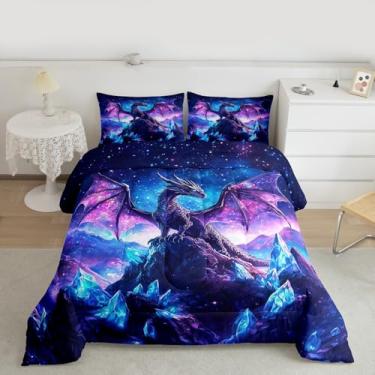 Imagem de Castle Fairy Conjunto de edredom infantil de dragão, céu estrelado de iceberg, roxo para decoração de quarto, animais selvagens, microfibra escovada, capa de edredom macia, tamanho casal, 3 peças com