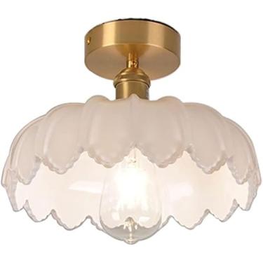 Imagem de Luminária de teto moderna em latão com cúpula de vidro verde em formato de flor e detalhes dourados, ideal para quarto, sala de estar, sala de jantar e corredor (branca).