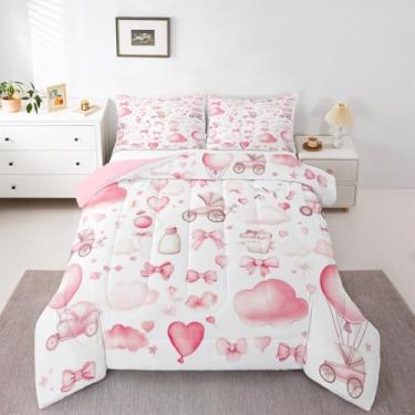 Imagem de jejeloiu Conjunto de edredom com laço rosa para todas as estações, com 1 fronha, fofa, microfibra, solteiro, decoração de quarto, edredom kawaii, respirável, macio e leve