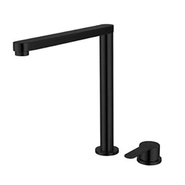 Imagem de Torneira misturadora de cozinha para torneiras de pia de cozinha de janela interna de aço inoxidável giratório mover para baixo torneira de cozinha de água quente e fria - preta