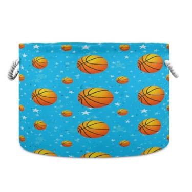 Imagem de WELLDAY Cesta de corda de algodão com estampa de bolas de basquete para sala de estar, lavanderia, berçário, decoração de casa, 51 x 50 x 35 cm