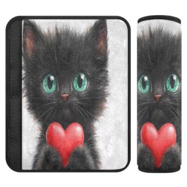Imagem de Burbuja Capa para cinto de segurança de carro com coração de gato preto Valentine Protetor de cinto de segurança de carro macio confortável para alça de ombro de assento de carro, 1 par pequeno