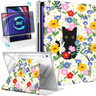 Imagem de Uppuppy Capa inteligente para Samsung Galaxy Tab S9/S9 FE/S10/S10 FE/S10 Lite de 11 polegadas - suporte giratório de 360 graus com suporte para lápis para mulheres e meninas, flores de gato para