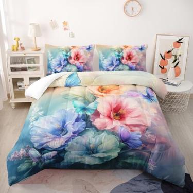 Imagem de Nttopship Conjunto de edredom com flores coloridas, tamanho king, 3 peças, para meninas e adolescentes, edredom de microfibra ultramacia com 3 peças, decoração de quarto floral